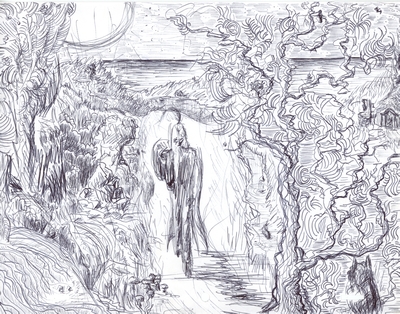 Pen & ink drawing of an adventurer walking through the night on a forested seaside path.