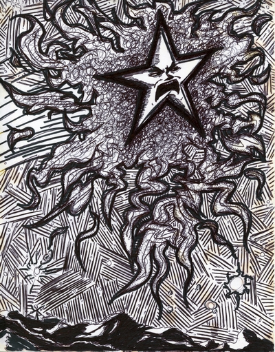 Pen & ink drawing of an angry star shooting through the night sky above a mountainous landscape.