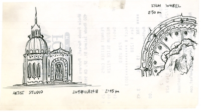 Front elevation of the designs for an art studio and an iron wheel