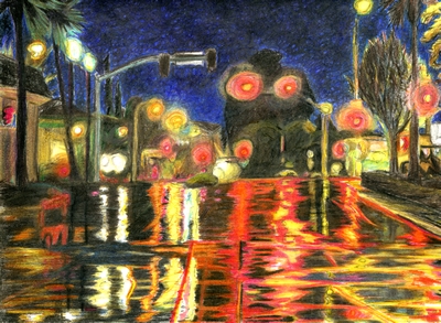 Colored pencil illustration of a rain soaked intersection at night in Campbell, California.
