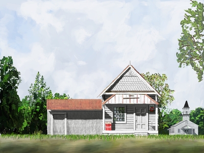 Architectural illustration of Bud & Annie Morgan's general store in Montpelier, Lousiana