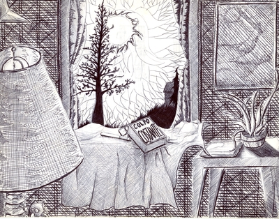 Stylized pen & ink drawing of a window view from an imaginary room in the Italian countryside.