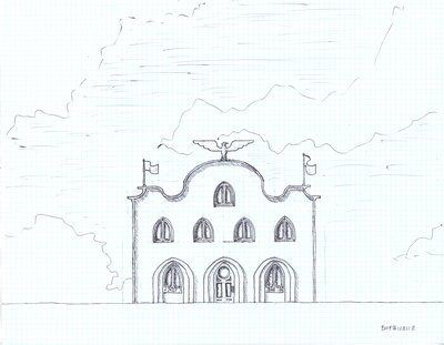 Front elevation of a design for a commercial building.