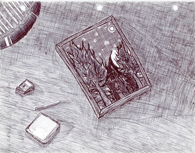 Stylized pen & ink drawing of an imaginary scene displayed within a frame laying on a tabletop.