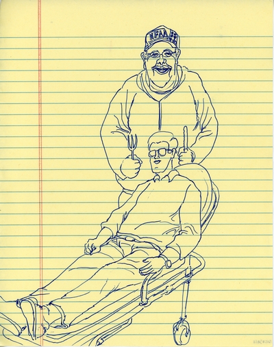 Pen & ink drawing of an emergency medical technician holding a knife and fork beside a man recining on a stretcher.