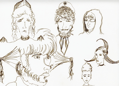 Pen & ink drawing of men and women showcasing futuristic hairstyles and outfits.