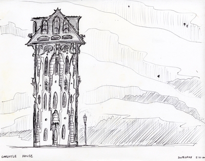 Front elevation of a design for a house adorned with gargoyles.