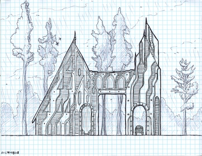 Front elevation of a design for a house and adjacent meditation tower.