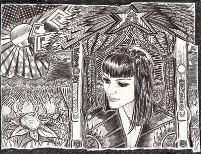 Pen and ink portrait of a young woman framed by an expansive surreal landscape.