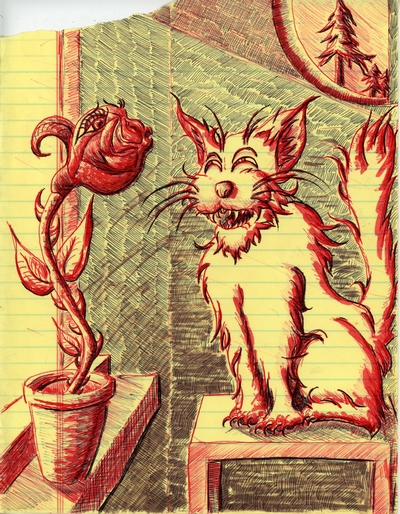 Stylized pen & ink drawing of an excited cat lusting after a flirtatious rose.