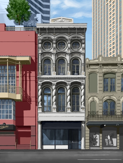 Architectural illustration of the Merchants Mutual Insurance Company at daytime in New Orleans