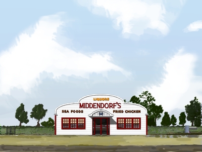 Architectural illustration of Middendorf's Seafood Restaurant in Louisiana.