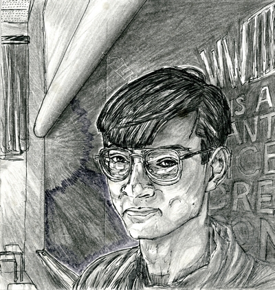 Ink and graphite portrait of a young man standing before a chalkboard in an empty classroom.