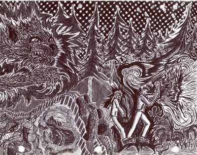 Stylized pen & ink drawing of two young men hurrying down from a hike as a large cat emerges from the night
