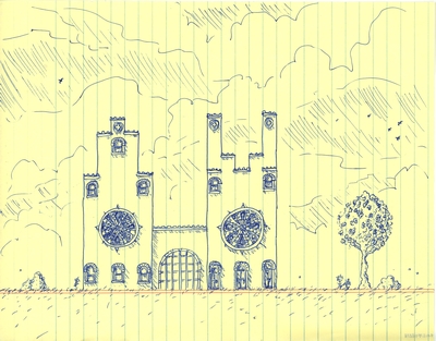 Front elevation of a design for a building in the countryside.