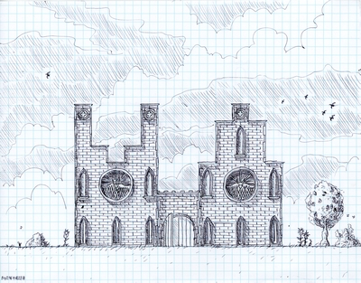 Front elevation of a design for a building in the countryside.