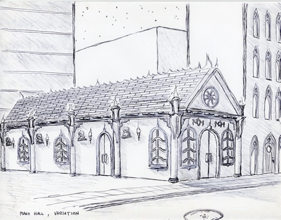 Front elevation of a design for a piano hall.