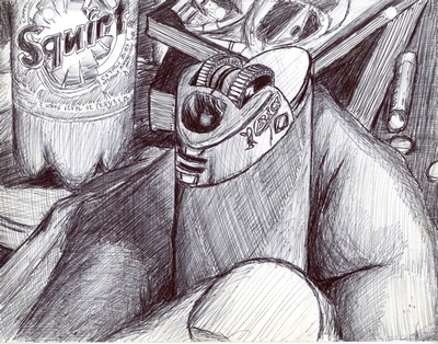 Pen & ink drawing of a lighter seen close up with items laying beyond on a coffee table.