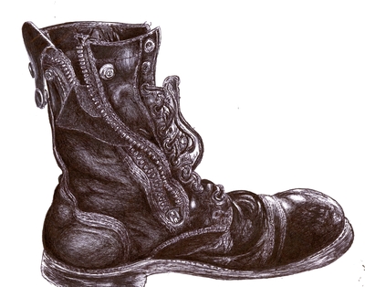 Pen & ink drawing of a paratrooper boot.