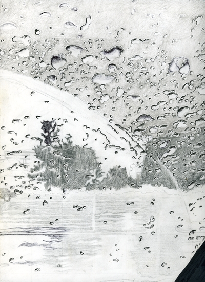 Ink and graphite illustration of a rain soaked parking lot beside Century Center Court in San Jose, California.