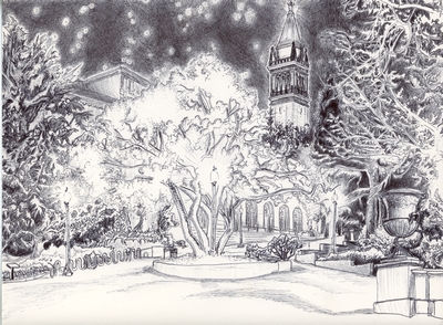 Pen and ink illustration of Sather Tower glowing at night in Berkeley