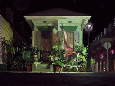 Architectural illustration of a shotgun house in New Orleans at night.