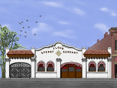 Architectural illustration of the Sperry Flour Company in San Jose.
