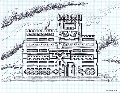 Front elevation of a design for a house made entirely of right angles.