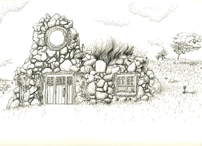 Front elevation of a design for a house made of stone.