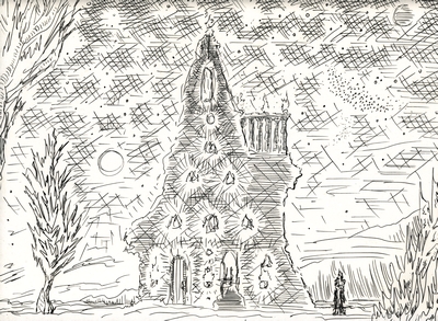 Front elevation of a design for a residence made of earth.