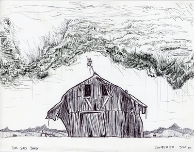 Pen & ink drawing of a sad barn beneath desolate stormclouds.