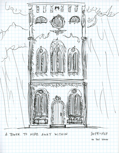Side elevation of a design for a three story residence.