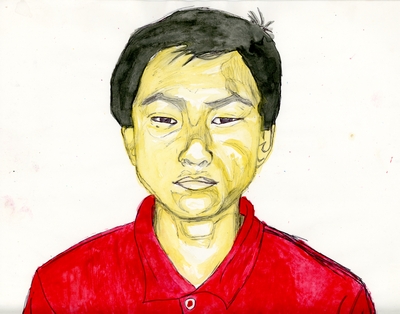Watercolor and ink portrait of a young man wearing a red polo tee shirt.